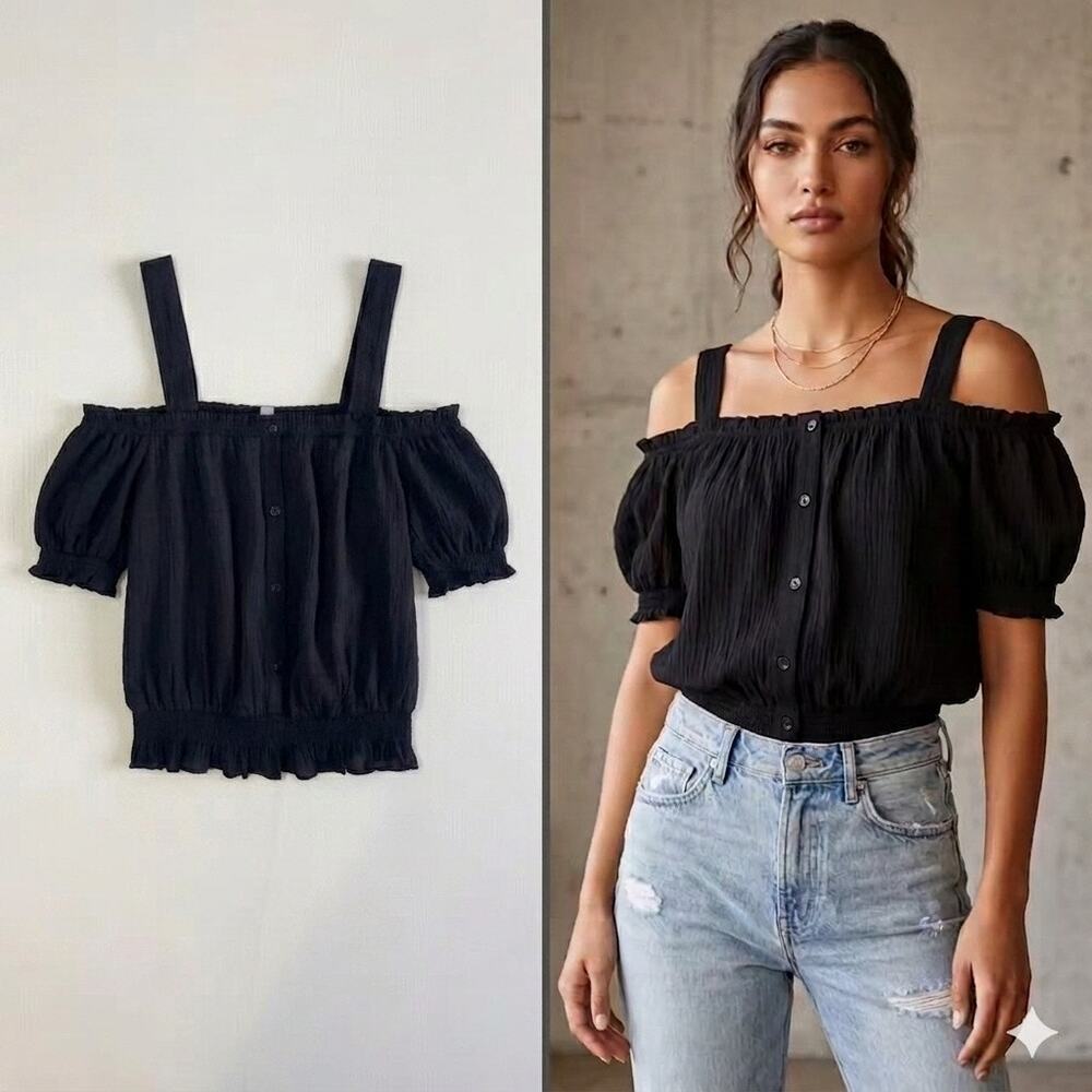 Guess Black Off Shoulder Cold Shoulder Blouse Smocked Ruffle Top Cottagecore S